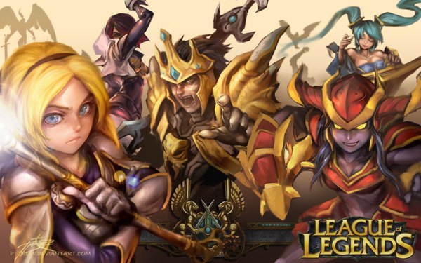 Anime picture 1920x1200 with league of legends sona buvelle lux (league of legends) fiora (league of legends) shyvana (league of legends) kayle (league of legends) quinn (league of legends) jarvan iv (league of legends) valor (league of legends) phantom (ptcrow) long hair highres short hair open mouth blue eyes black hair blonde hair twintails multiple girls yellow eyes