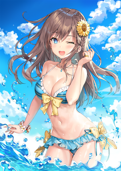 Anime picture 1100x1556 with original momoko (momopoco) single long hair tall image looking at viewer blush fringe breasts open mouth blue eyes light erotic hair between eyes brown hair large breasts sky cleavage cloud (clouds) outdoors braid (braids)