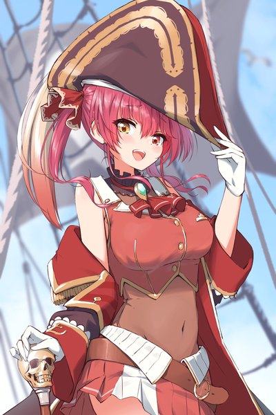 Anime picture 1600x2400 with virtual youtuber hololive houshou marine houshou marine (1st costume) akatsuki no akatsuki single long hair tall image looking at viewer blush fringe open mouth hair between eyes twintails red hair :d pleated skirt off shoulder midriff heterochromia