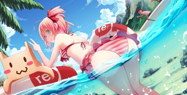 Anime picture 2008x1024 with dream-of-abell looking at viewer highres short hair blue eyes light erotic smile wide image pink hair sky cloud (clouds) ass looking back girl boy swimsuit bikini water swim ring bikini skirt