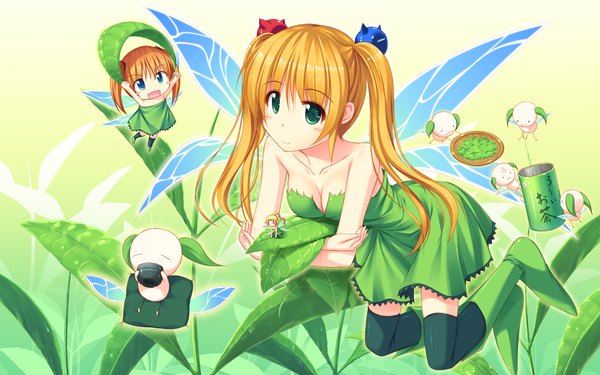 Anime picture 2560x1600 with maikaze no melt tenmaso long hair highres blonde hair wide image twintails green eyes girl wings