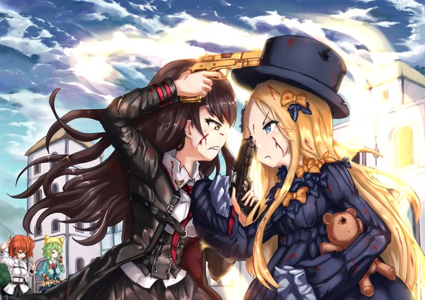 Anime picture 1170x827 with fate (series) fate/grand order girls frontline atelier (series) atelier shallie gust (company) abigail williams (fate) fujimaru ritsuka (female) shallotte elminus nz75 (girls frontline) wakaura asaho long hair short hair open mouth blue eyes blonde hair smile brown hair multiple girls holding