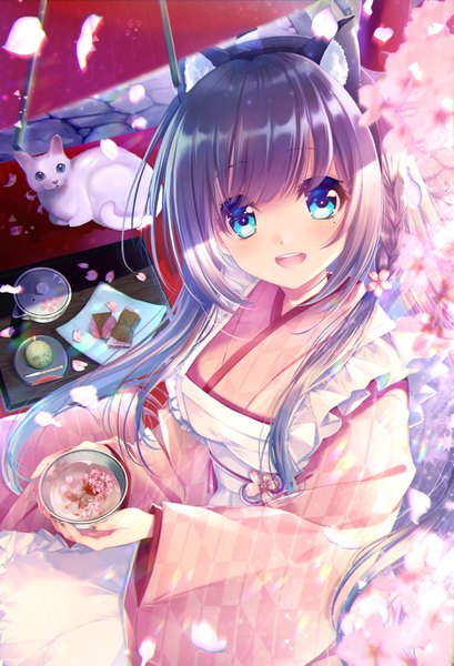 Anime picture 933x1369 with original emori miku project emori miku tsurugi hikaru single long hair tall image looking at viewer open mouth blue eyes sitting animal ears purple hair braid (braids) traditional clothes :d japanese clothes from above cat ears mole