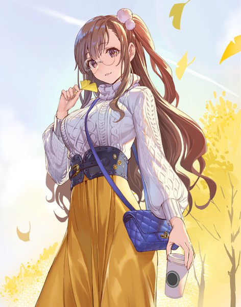 Anime-Bild 2211x2810 mit original teffish single long hair tall image looking at viewer fringe highres breasts hair between eyes brown hair standing holding brown eyes sky outdoors parted lips light smile from below one side up