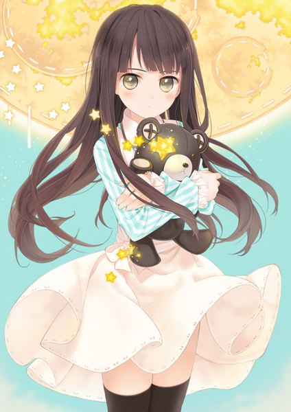 Anime picture 610x864 with original amamiya chiharu single long hair tall image looking at viewer black hair brown eyes sparkle girl thighhighs dress black thighhighs star (symbol) toy stuffed animal stuffed toy teddy bear