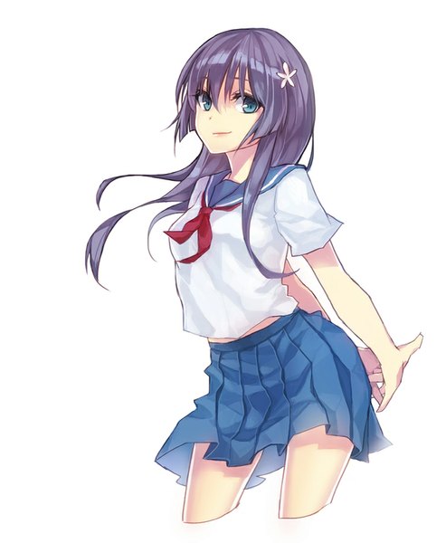 Anime picture 739x900 with to aru kagaku no railgun j.c. staff saten ruiko 8c single long hair tall image fringe blue eyes simple background smile white background purple hair hands behind back interlocked fingers girl uniform hair ornament serafuku hairclip