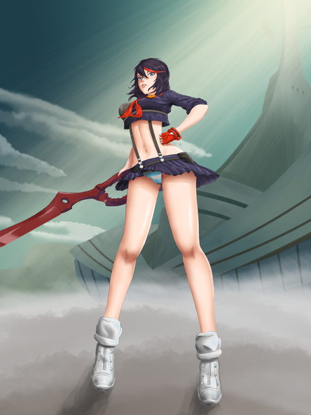 Anime picture 3000x4000 with kill la kill studio trigger matoi ryuuko palmito single tall image looking at viewer fringe highres short hair blue eyes light erotic black hair hair between eyes standing holding sky cloud (clouds) full body outdoors
