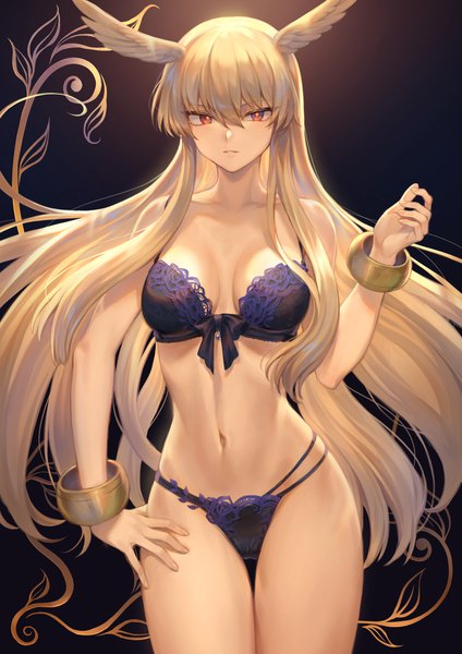 Anime picture 1302x1842 with fate (series) fate/grand order valkyrie (fate/grand order) thrud (fate/grand order) mashuu (neko no oyashiro) single long hair tall image looking at viewer fringe breasts light erotic simple background blonde hair hair between eyes red eyes large breasts standing bare shoulders cleavage