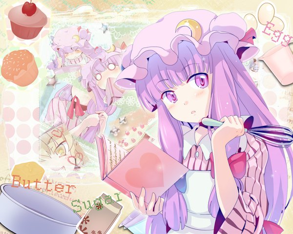 Anime picture 1280x1024 with touhou remilia scarlet kirisame marisa patchouli knowledge yuko (artist) blush fringe open mouth purple eyes multiple girls holding looking away purple hair upper body blunt bangs text close-up english multiple persona > <