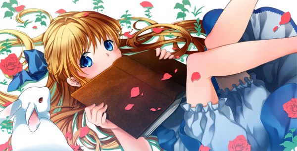 Anime picture 1411x718 with original ycco (estrella) single long hair looking at viewer blush fringe blue eyes blonde hair wide image holding bent knee (knees) lying on back covering girl dress flower (flowers) bow hair bow