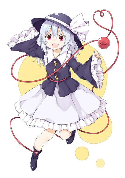 Anime picture 600x857 with touhou komeiji koishi akagashi hagane single long hair tall image open mouth simple background smile white background blue hair bent knee (knees) pink eyes arm behind head heart of string alternate color girl hat frills heart