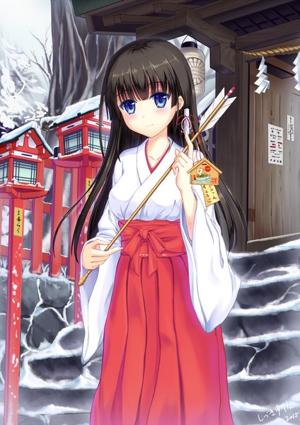 Anime picture 1500x2121 with original yurina (artist) single long hair tall image looking at viewer blush fringe blue eyes black hair smile traditional clothes japanese clothes winter snow miko girl arrow (arrows) ema hamaya
