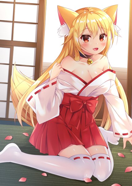 Anime picture 724x1023 with original fujikura ryuune single long hair tall image looking at viewer blush fringe open mouth light erotic blonde hair hair between eyes red eyes sitting bare shoulders animal ears cleavage bent knee (knees) tail traditional clothes
