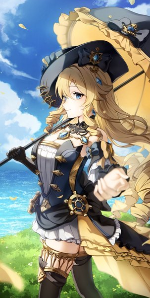 Anime picture 4122x8154 with genshin impact navia (genshin impact) aidaosamuaya single long hair tall image looking at viewer fringe highres breasts blue eyes blonde hair smile hair between eyes standing bare shoulders absurdres sky cloud (clouds) outdoors