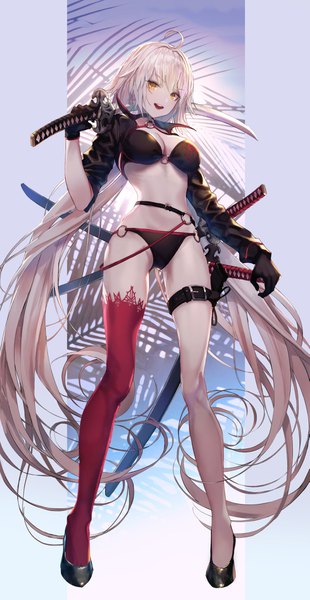 Anime picture 2117x4095 with fate (series) fate/grand order jeanne d'arc (fate) (all) jeanne d'arc alter (fate) jeanne d'arc alter (swimsuit berserker) (fate) seol single tall image looking at viewer blush fringe highres breasts open mouth light erotic smile hair between eyes standing holding yellow eyes