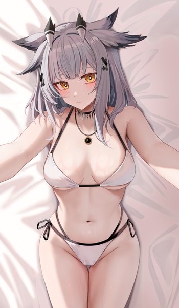 Anime picture 3915x6712 with arknights ptilopsis (arknights) ru zhai single long hair tall image looking at viewer blush fringe highres breasts light erotic large breasts animal ears yellow eyes absurdres indoors lying blunt bangs head tilt