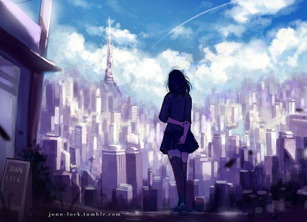 Anime picture 900x650 with original jon-lock (artist) single short hair black hair standing sky cloud (clouds) pleated skirt from behind city hands behind back cityscape girl thighhighs skirt black thighhighs building (buildings) skyscraper