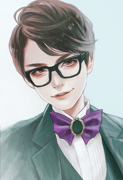 Anime picture 763x1110 with disney mr. polite fioletovyy single tall image looking at viewer fringe short hair simple background smile brown hair brown eyes upper body head tilt lips gradient background portrait smirk boy glasses