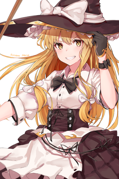 Anime picture 1279x1911 with touhou kirisame marisa black cola single long hair tall image looking at viewer fringe simple background blonde hair smile hair between eyes white background yellow eyes character names adjusting hat girl gloves bow hair bow