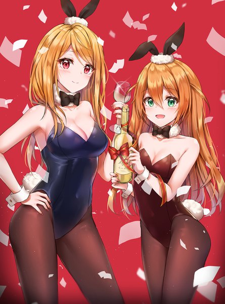Anime picture 1485x2000 with idolmaster idolmaster million live! baba konomi momose rio cuna (qunya) long hair tall image fringe breasts open mouth light erotic blonde hair hair between eyes red eyes multiple girls green eyes cleavage orange hair hand on hip red background