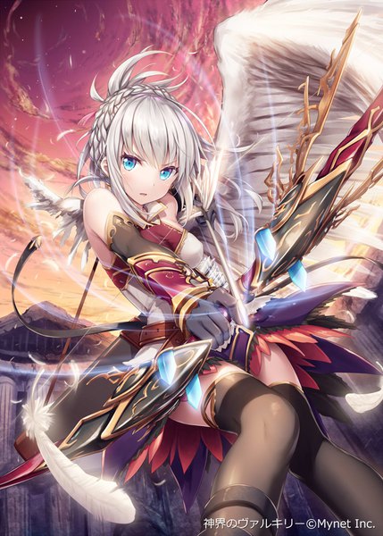 Anime-Bild 643x900 mit shinkai no valkyrie vernal akkijin single long hair tall image looking at viewer fringe breasts open mouth blue eyes hair between eyes bare shoulders holding payot sky silver hair cloud (clouds) official art angel wings