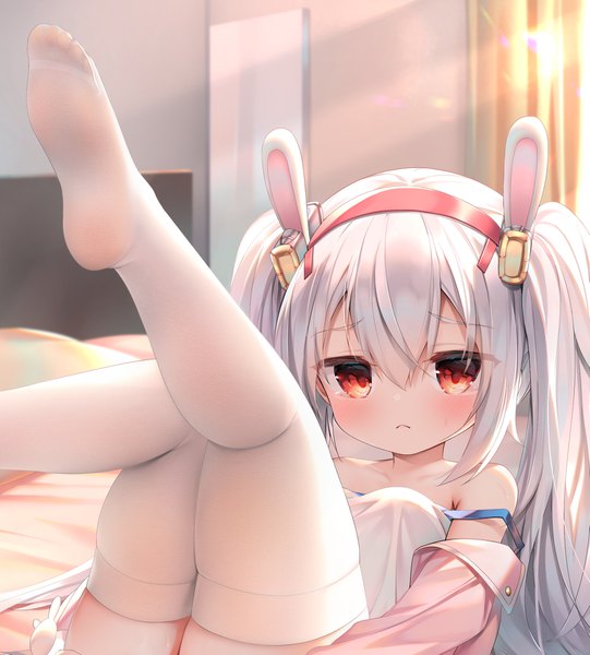 Anime picture 1815x2013 with azur lane laffey (azur lane) chen bin single long hair tall image looking at viewer blush fringe highres breasts light erotic hair between eyes red eyes twintails bare shoulders animal ears silver hair bent knee (knees) indoors
