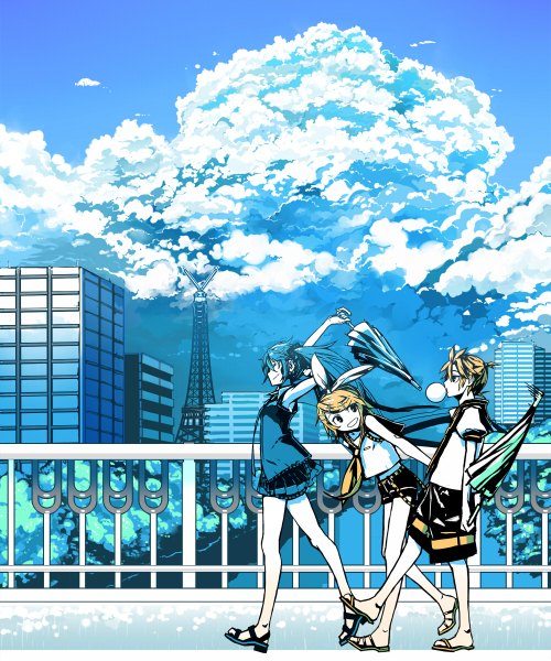 Anime picture 1000x1200 with vocaloid hatsune miku kagamine rin kagamine len kawazu long hair tall image blonde hair twintails multiple girls blue hair sky cloud (clouds) legs city closed umbrella girl boy 2 girls shorts