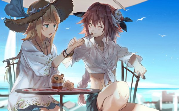 Anime picture 1000x625 with fate (series) fate/grand order fate/apocrypha astolfo (fate) chevalier d'eon (fate/grand order) no-kan long hair fringe open mouth blonde hair hair between eyes brown hair sitting looking away outdoors braid (braids) eyes closed multicolored hair aqua eyes two-tone hair