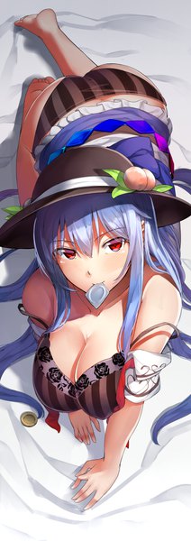 Anime picture 400x1132 with touhou hinanawi tenshi neropaso single long hair tall image looking at viewer fringe breasts light erotic hair between eyes red eyes large breasts holding blue hair barefoot mouth hold on all fours condom in mouth girl