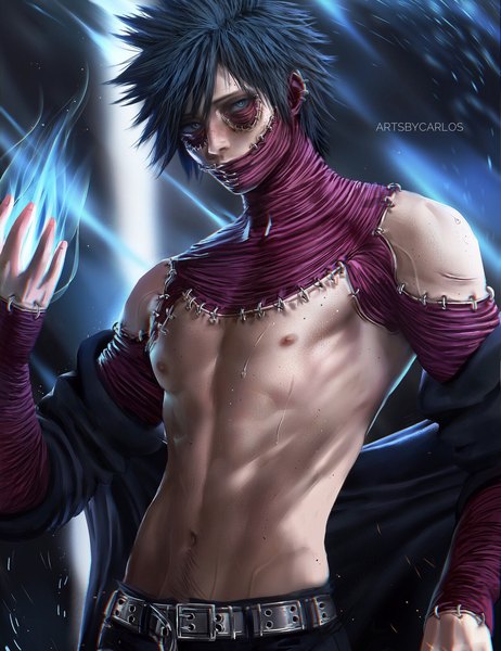 Anime picture 1242x1612 with boku no hero academia studio bones dabi (boku no hero academia) carlos miguel single tall image looking at viewer fringe short hair blue eyes light erotic black hair hair between eyes standing signed nipples upper body head tilt arm up realistic