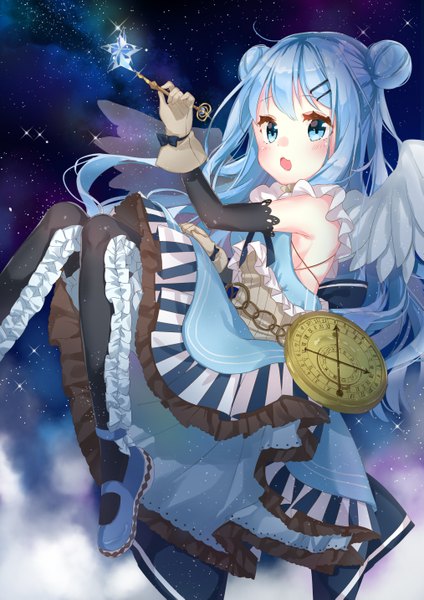 Anime picture 2026x2865 with original pixiv-tan jimmy madomagi single long hair tall image blush fringe highres open mouth blue eyes blue hair looking away ahoge night hair bun (hair buns) night sky sleeveless angel wings girl