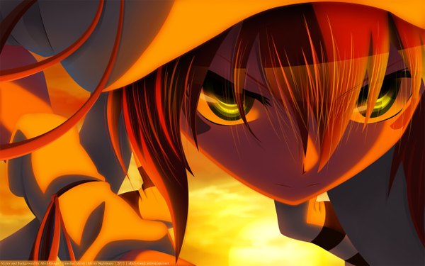 Anime picture 2560x1600 with yumekui merry merry nightmare single highres short hair wide image green eyes orange hair facial mark evening sunset close-up girl thighhighs striped thighhighs