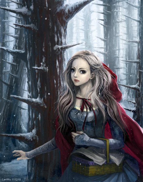 Anime picture 786x1000 with little red riding hood little red riding hood (character) lan wu single long hair tall image looking at viewer blue eyes blonde hair standing snowing winter snow pale skin girl dress plant (plants) tree (trees) black dress hood