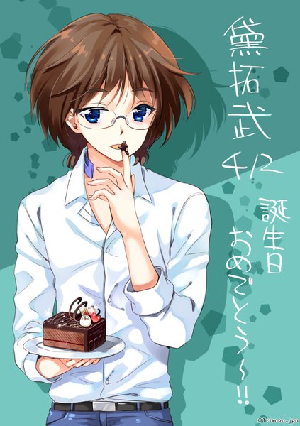 Anime picture 600x851 with accel world sunrise (studio) mayuzumi takumu trianon single tall image looking at viewer short hair blue eyes brown hair upper body text open collar licking finger licking boy shirt glasses white shirt sweets