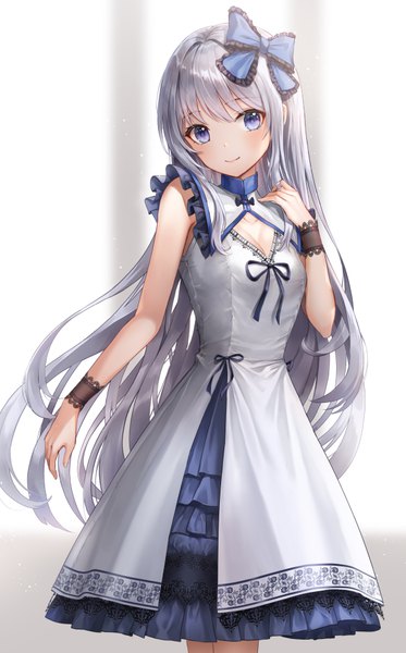 Anime picture 606x973 with original lunacle single long hair tall image looking at viewer blush fringe breasts simple background smile standing purple eyes cleavage silver hair head tilt arm up blurry depth of field sleeveless