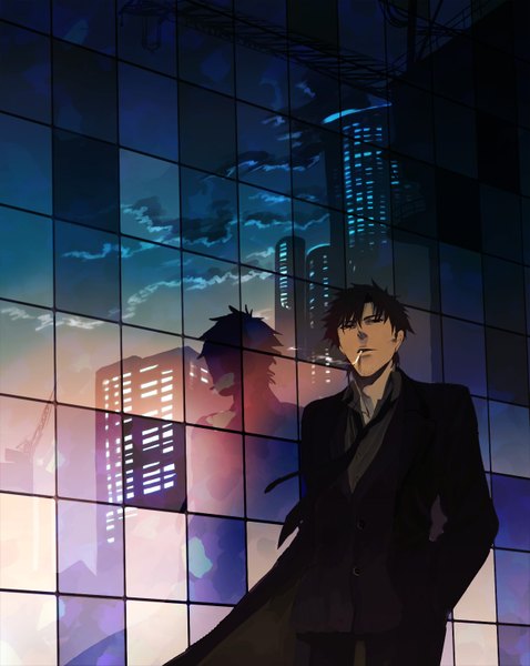 Anime picture 1242x1558 with fate (series) fate/stay night studio deen type-moon emiya kiritsugu hali (pixiv) single tall image short hair sky cloud (clouds) evening reflection sunset smoking silhouette boy necktie building (buildings) cigarette