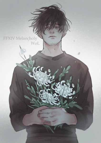 Anime picture 636x900 with final fantasy final fantasy xiv square enix warrior of light saito yukihiro single tall image fringe short hair black hair simple background hair between eyes standing holding upper body eyes closed long sleeves grey background copyright name character names