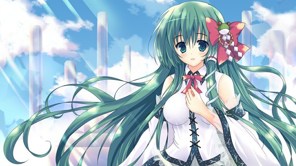 Anime picture 1067x600 with touhou kochiya sanae tsukiji single long hair looking at viewer blush fringe breasts open mouth hair between eyes wide image bare shoulders green eyes sky cloud (clouds) upper body outdoors green hair sunlight