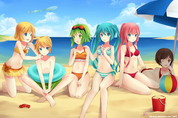 Anime picture 1200x800 with vocaloid hatsune miku megurine luka kagamine rin kagamine len gumi meiko hitsukuya long hair short hair breasts open mouth blue eyes light erotic blonde hair smile brown hair sitting twintails multiple girls