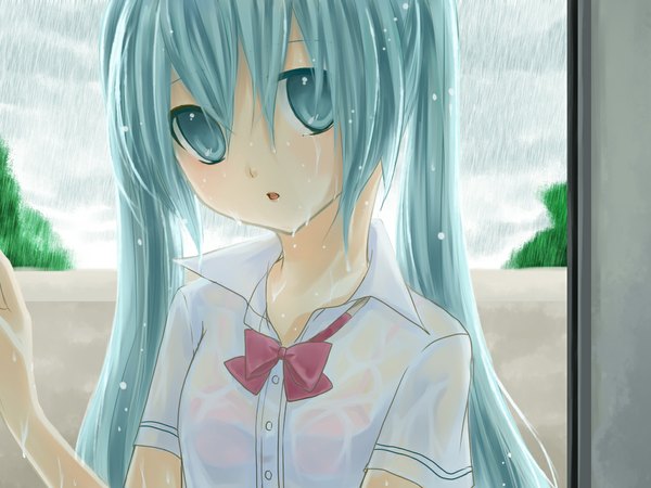Anime picture 1024x768 with vocaloid hatsune miku yayoi (egoistic realism) single long hair looking at viewer fringe open mouth hair between eyes twintails cloud (clouds) upper body outdoors aqua eyes aqua hair wet rain wet clothes open collar girl