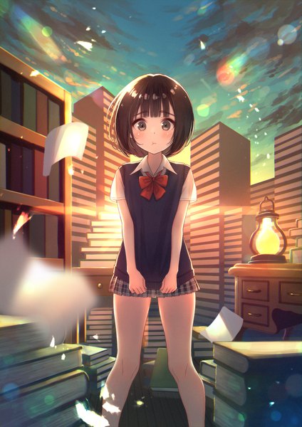 Anime picture 1457x2064 with original tanbonota46 single tall image looking at viewer blush fringe short hair brown hair standing brown eyes sky cloud (clouds) blunt bangs blurry short sleeves lens flare plaid skirt :t pout