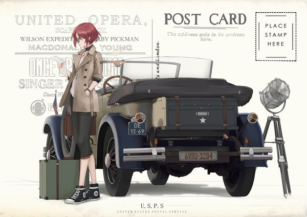 Anime picture 3508x2480 with arknights exusiai (arknights) cjmy single highres short hair red eyes standing holding looking away absurdres full body red hair profile shadow text english hand in pocket stamp girl