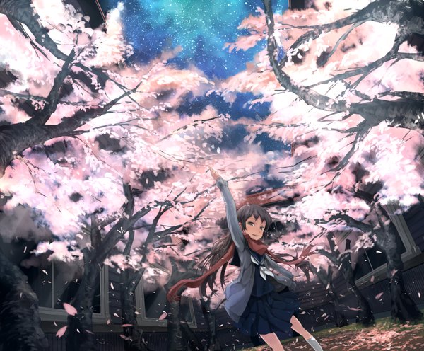 Anime picture 3000x2480 with original sadamatsu ryuichi single long hair looking at viewer fringe highres open mouth black hair standing sky outdoors pleated skirt arm up wind black eyes night sparkle night sky cherry blossoms