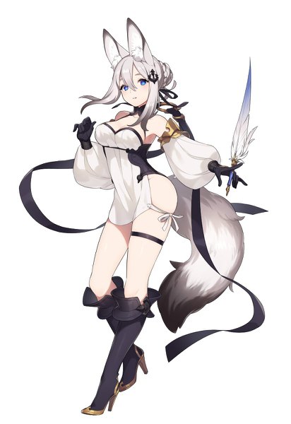Anime picture 824x1200 with original ni02 (asahi nini) single tall image looking at viewer blush fringe blue eyes light erotic simple background hair between eyes standing white background holding animal ears payot silver hair full body bent knee (knees) tail