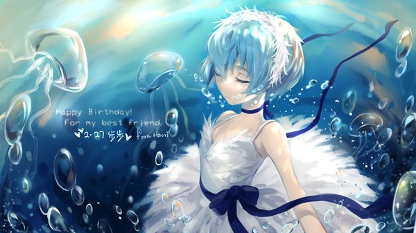 Anime picture 1366x768 with neon genesis evangelion gainax ayanami rei hane single fringe short hair wide image bare shoulders blue hair eyes closed underwater ballerina girl dress ribbon (ribbons) water white dress feather (feathers) bubble (bubbles)
