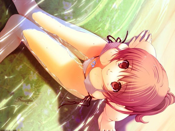 Anime picture 1600x1200 with dead or alive kasumi (doa) iizuki tasuku single blush highres breasts light erotic smile red eyes cleavage ponytail red hair beach looking up third-party edit girl swimsuit bikini water