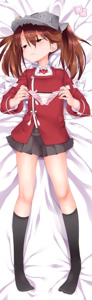 Anime picture 615x2000 with kantai collection ryuujou light aircraft carrier karochii single long hair tall image blush light erotic brown hair twintails yellow eyes full body pleated skirt sweat embarrassed dakimakura (medium) girl skirt hair ornament underwear