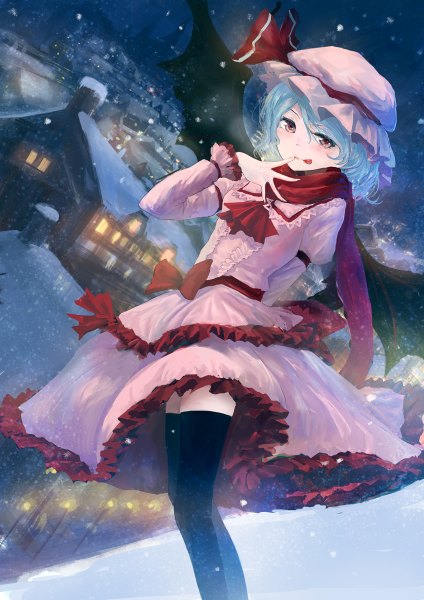 Anime picture 848x1200 with touhou remilia scarlet you shimizu single tall image looking at viewer fringe short hair smile standing blue hair pink eyes from above night dutch angle night sky city finger to mouth snowing winter