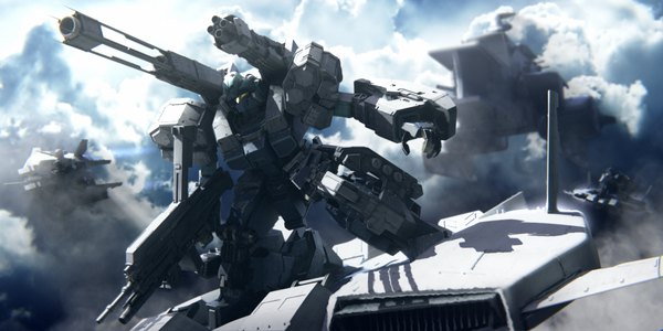 Anime picture 1920x960 with mobile suit gundam gundam unicorn sunrise (studio) jesta igaraigara highres wide image sky cloud (clouds) outdoors blurry shadow no people science fiction beam rifle weapon gun mecha aircraft gatling gun