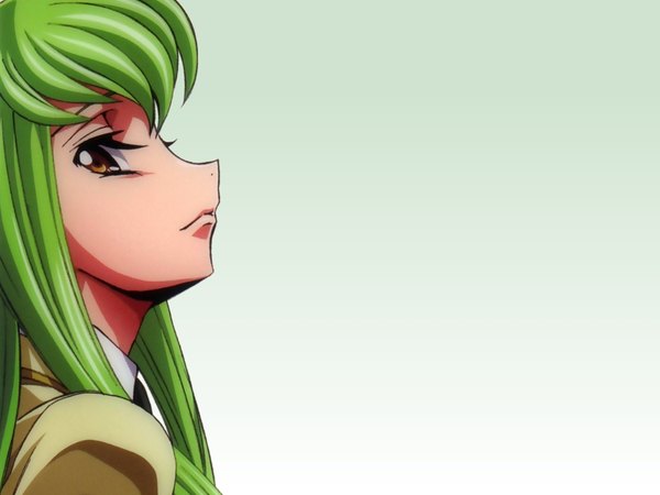 Anime picture 1600x1200 with code geass sunrise (studio) c.c. single long hair looking at viewer fringe simple background yellow eyes upper body profile looking back green hair green background girl